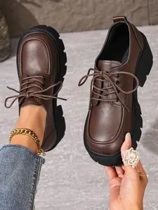 Dark Thick Sole Derby Shoes for Women, British Style Laced Wide Toe Single Shoe, Height-Boosting Chunky Heel Commuter Loafers, Fashionable Comfortable Boots, Casual Business Shoes, Business Style Footwear